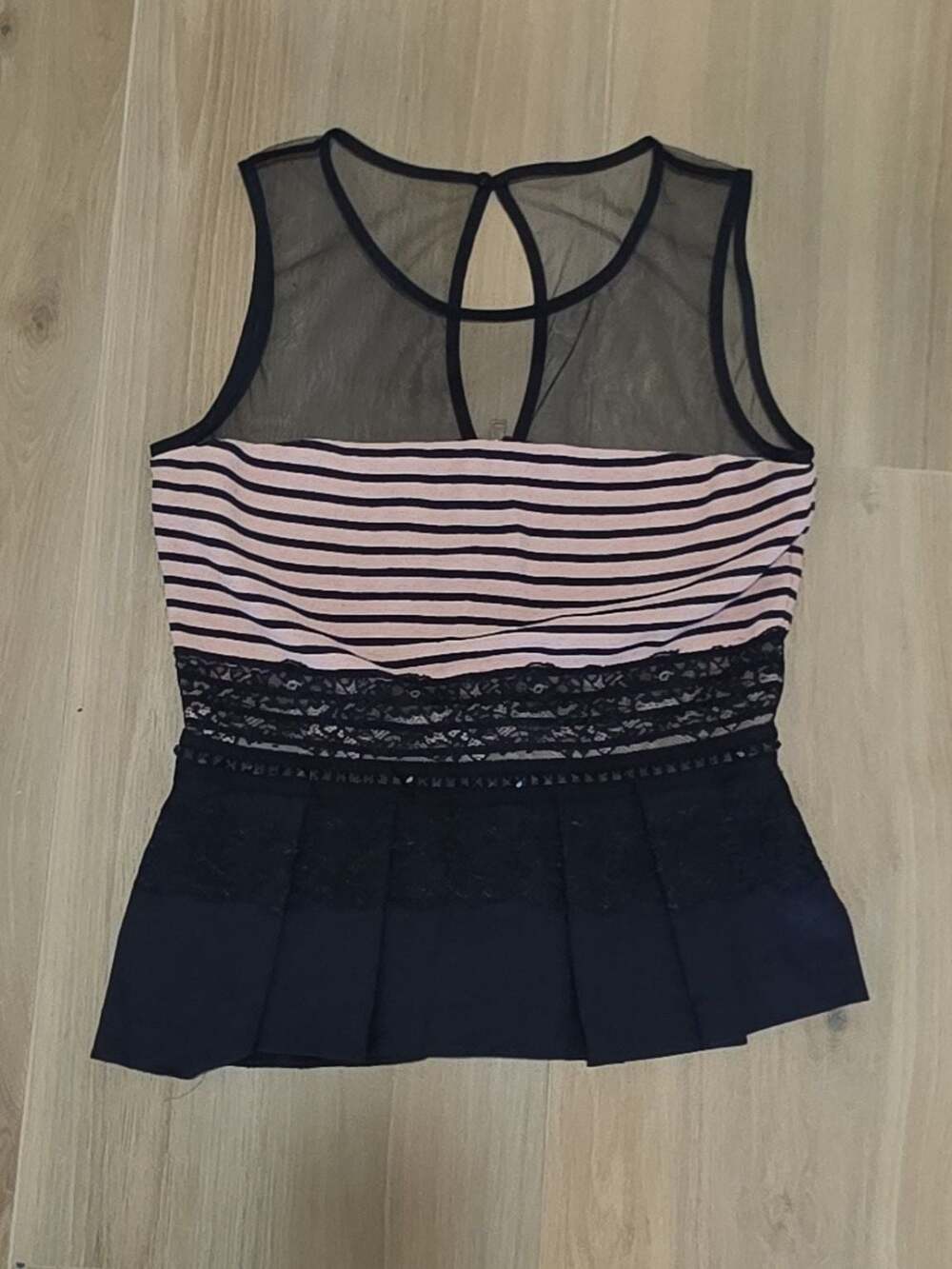 Atos Lombardini Striped and Lace Accented Peplum Top